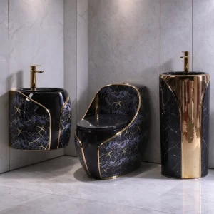Custom Bathroom Suite with Black and Gold Marble Effect